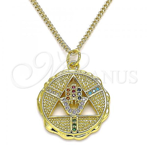 Oro Laminado Pendant Necklace, Gold Filled Style Hand of God Design, with Multicolor Micro Pave, Polished, Golden Finish, 04.313.0048.20