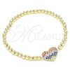 Oro Laminado Fancy Bracelet, Gold Filled Style Expandable Bead and Heart Design, with Multicolor Cubic Zirconia, Polished, Golden Finish, 03.299.0031.07
