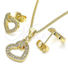 Oro Laminado Earring and Pendant Adult Set, Gold Filled Style Heart Design, with White Micro Pave, Polished, Golden Finish, 10.156.0281