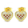 Oro Laminado Stud Earring, Gold Filled Style Heart Design, with Garnet and White Micro Pave, Polished, Golden Finish, 02.156.0519.1