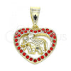 Oro Laminado Fancy Pendant, Gold Filled Style Elephant and Heart Design, with Garnet and White Crystal, Polished, Golden Finish, 05.253.0114.1