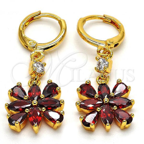 Oro Laminado Long Earring, Gold Filled Style with Garnet and White Cubic Zirconia, Polished, Golden Finish, 02.206.0030