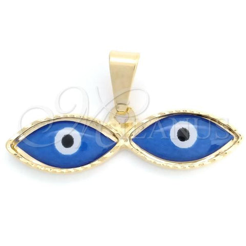 Oro Laminado Religious Pendant, Gold Filled Style Evil Eye Design, Blue Enamel Finish, Golden Finish, 05.32.0087