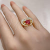 Oro Laminado Multi Stone Ring, Gold Filled Style Dolphin and Heart Design, with Ruby Cubic Zirconia and White Micro Pave, Polished, Golden Finish, 01.196.0002.1