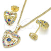 Oro Laminado Earring and Pendant Adult Set, Gold Filled Style Heart Design, with Multicolor Micro Pave and White Cubic Zirconia, Polished, Golden Finish, 10.233.0032