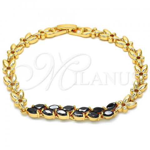 Oro Laminado Fancy Bracelet, Gold Filled Style Leaf Design, with Black Cubic Zirconia, Polished, Golden Finish, 03.210.0093.1.07