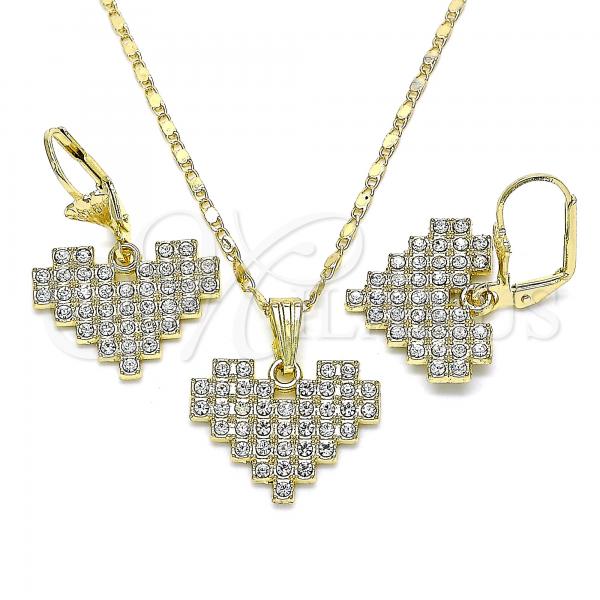 Oro Laminado Earring and Pendant Adult Set, Gold Filled Style Heart Design, with White Crystal, Polished, Golden Finish, 10.380.0003