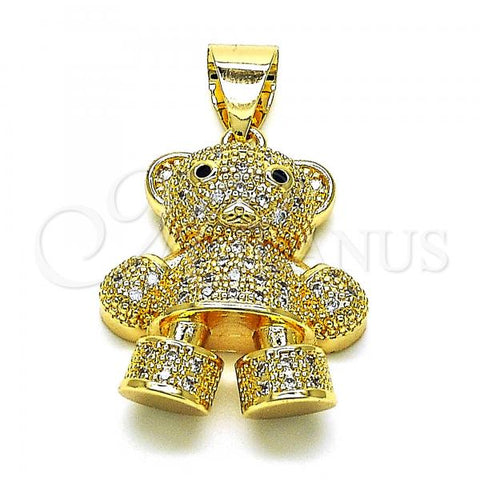 Oro Laminado Fancy Pendant, Gold Filled Style Teddy Bear Design, with White and Black Micro Pave, Polished, Golden Finish, 05.342.0147