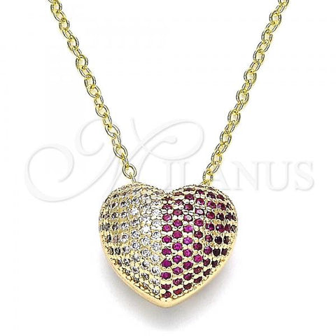 Oro Laminado Pendant Necklace, Gold Filled Style Heart Design, with Ruby and White Micro Pave, Polished, Golden Finish, 04.156.0217.1.18