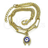 Oro Laminado Charm Bracelet, Gold Filled Style Evil Eye and Paperclip Design, Blue Enamel Finish, Golden Finish, 03.213.0186.07