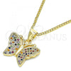 Oro Laminado Pendant Necklace, Gold Filled Style Butterfly Design, with Multicolor Micro Pave, Polished, Golden Finish, 04.156.0305.3.20