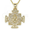 Oro Laminado Religious Pendant, Gold Filled Style San Benito and Flower Design, Polished, Golden Finish, 05.253.0064