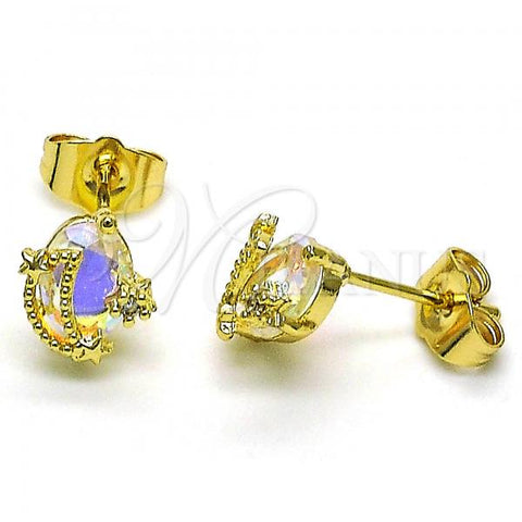 Oro Laminado Stud Earring, Gold Filled Style Moon and Star Design, with Aurore Boreale and White Cubic Zirconia, Polished, Golden Finish, 02.210.0775