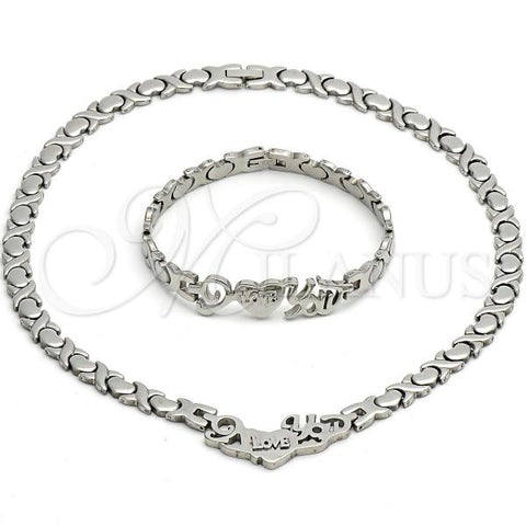 Stainless Steel Necklace and Bracelet, Hugs and Kisses and Love Design, Polished, Steel Finish, 06.231.0001.3