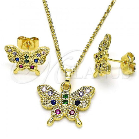 Oro Laminado Earring and Pendant Adult Set, Gold Filled Style Butterfly Design, with Multicolor Cubic Zirconia, Polished, Golden Finish, 10.284.0029