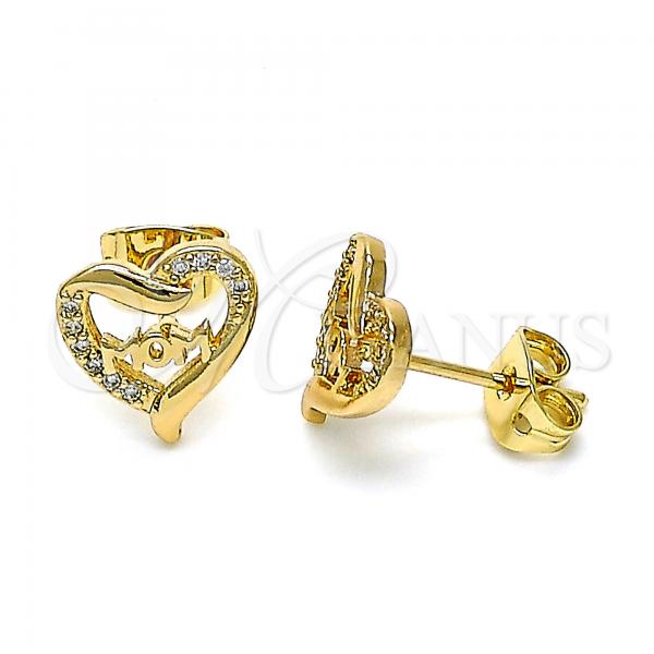 Oro Laminado Stud Earring, Gold Filled Style Mom and Heart Design, with White Micro Pave, Polished, Golden Finish, 02.342.0070