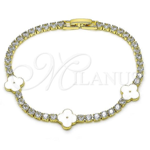 Oro Laminado Fancy Bracelet, Gold Filled Style Four-leaf Clover Design, with White Cubic Zirconia, White Enamel Finish, Golden Finish, 03.284.0049.07