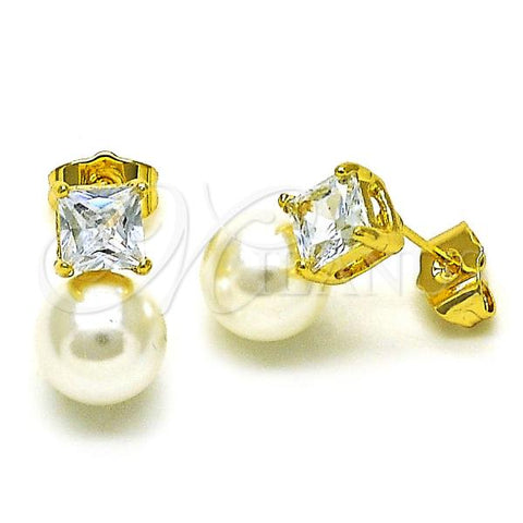 Oro Laminado Stud Earring, Gold Filled Style with White Cubic Zirconia and Ivory Pearl, Polished, Golden Finish, 02.379.0073