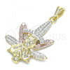 Oro Laminado Religious Pendant, Gold Filled Style Leaf Design, with White Crystal, Polished, Tricolor, 05.351.0206