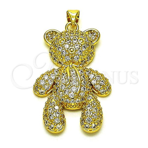 Oro Laminado Fancy Pendant, Gold Filled Style Teddy Bear and Bow Design, with White Micro Pave, Polished, Golden Finish, 05.381.0032