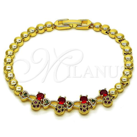 Oro Laminado Fancy Bracelet, Gold Filled Style Cherry and Heart Design, with Garnet and Ruby Cubic Zirconia, Polished, Golden Finish, 03.283.0482.07