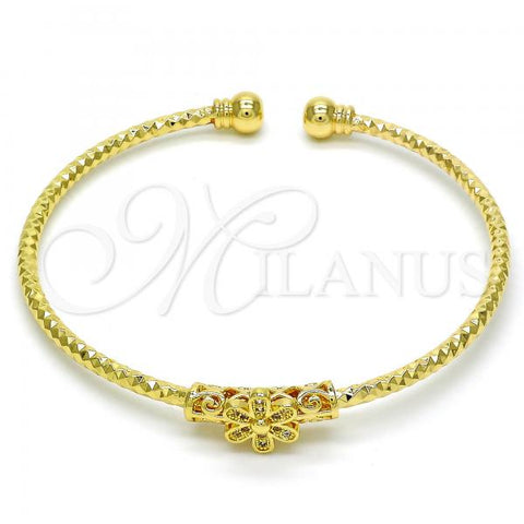 Oro Laminado Individual Bangle, Gold Filled Style Flower Design, with White Micro Pave, Diamond Cutting Finish, Golden Finish, 07.193.0002 (03 MM Thickness, One size fits all)