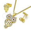 Oro Laminado Earring and Pendant Adult Set, Gold Filled Style Owl Design, with White Micro Pave, Polished, Golden Finish, 10.156.0376