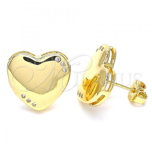 Oro Laminado Stud Earring, Gold Filled Style Heart Design, with White Micro Pave, Polished, Golden Finish, 02.156.0459