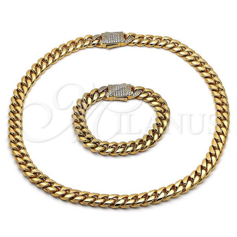 Stainless Steel Necklace and Bracelet, Miami Cuban Design, with White Crystal, Polished, Golden Finish, 06.116.0046.1