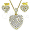 Oro Laminado Earring and Pendant Adult Set, Gold Filled Style Heart Design, with White Cubic Zirconia, Polished, Golden Finish, 10.283.0018