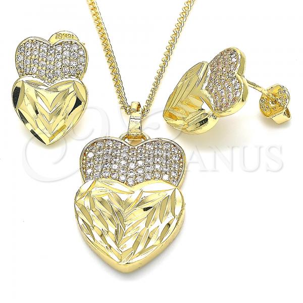 Oro Laminado Earring and Pendant Adult Set, Gold Filled Style Heart Design, with White Micro Pave, Diamond Cutting Finish, Golden Finish, 10.233.0040