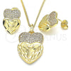 Oro Laminado Earring and Pendant Adult Set, Gold Filled Style Heart Design, with White Micro Pave, Diamond Cutting Finish, Golden Finish, 10.233.0040