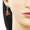 Oro Laminado Dangle Earring, Gold Filled Style Cherry Design, Red Enamel Finish, Golden Finish, 02.417.0008