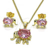Oro Laminado Earring and Pendant Adult Set, Gold Filled Style Elephant Design, with Pink Cubic Zirconia and White Micro Pave, Polished, Golden Finish, 10.210.0125.4