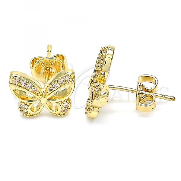 Oro Laminado Stud Earring, Gold Filled Style Butterfly Design, with White Micro Pave, Polished, Golden Finish, 02.156.0455