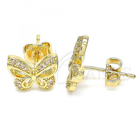 Oro Laminado Stud Earring, Gold Filled Style Butterfly Design, with White Micro Pave, Polished, Golden Finish, 02.156.0455