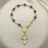 Oro Laminado Bracelet Rosary, Gold Filled Style Caridad del Cobre and Crucifix Design, with Black and Orange Red Azavache, Polished, Golden Finish, 09.63.0110.08
