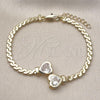 Oro Laminado Fancy Bracelet, Gold Filled Style Heart and Twist Design, with White Cubic Zirconia, Polished, Golden Finish, 03.213.0366.07