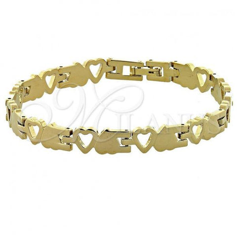 Oro Laminado Solid Bracelet, Gold Filled Style Heart and Heart Design, Polished, Golden Finish, 5.035.006
