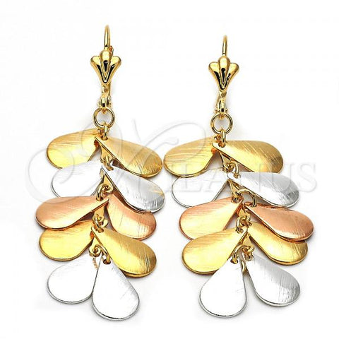 Oro Laminado Long Earring, Gold Filled Style Teardrop Design, Brushed Finish, Tricolor, 77.005
