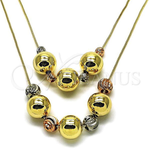 Oro Laminado Fancy Necklace, Gold Filled Style Box and Ball Design, Polished, Tricolor, 04.331.0005.18