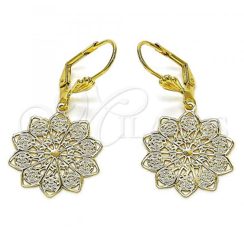 Oro Laminado Dangle Earring, Gold Filled Style Flower Design, Diamond Cutting Finish, Tricolor, 5.121.018