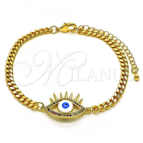 Oro Laminado Fancy Bracelet, Gold Filled Style Evil Eye Design, with Multicolor Micro Pave, White Enamel Finish, Golden Finish, 03.341.0176.1.08