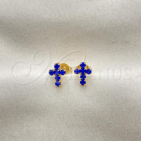 Oro Laminado Stud Earring, Gold Filled Style Cross Design, with Sapphire Blue Cubic Zirconia, Polished, Golden Finish, 02.02.0523.2