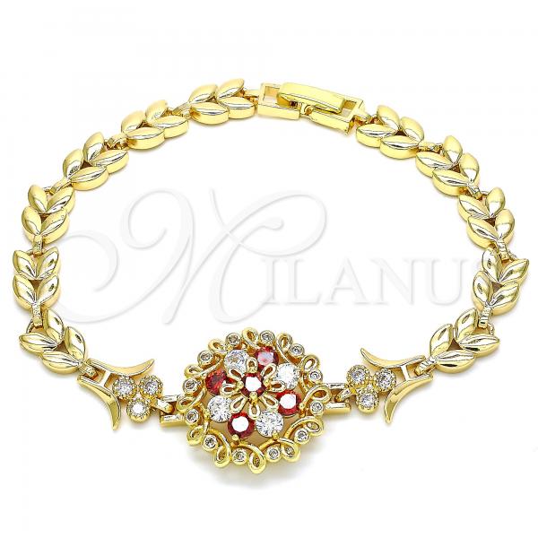 Oro Laminado Fancy Bracelet, Gold Filled Style Flower and Leaf Design, with Garnet and White Cubic Zirconia, Polished, Golden Finish, 03.210.0129.08