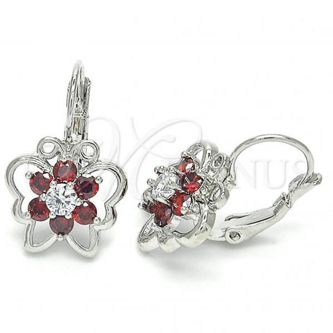 Rhodium Plated Leverback Earring, Butterfly and Flower Design, with Garnet and White Cubic Zirconia, Polished, Rhodium Finish, 02.210.0221.5