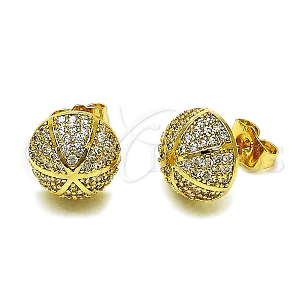 Oro Laminado Stud Earring, Gold Filled Style Ball Design, with White Micro Pave, Polished, Golden Finish, 02.283.0195