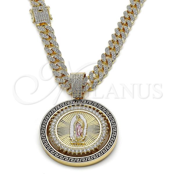 Oro Laminado Pendant Necklace, Gold Filled Style Guadalupe and Greek Key Design, with White Crystal, Polished, Tricolor, 04.253.0027.24