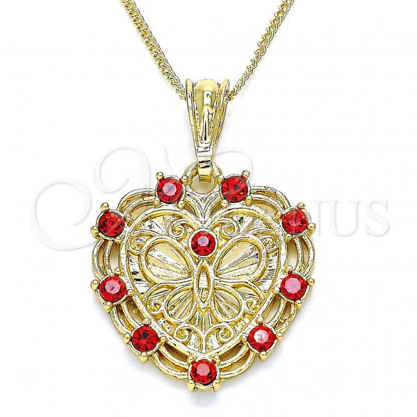 Oro Laminado Pendant Necklace, Gold Filled Style Heart and Butterfly Design, with Garnet Crystal, Polished, Golden Finish, 04.351.0015.1.20