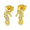 Oro Laminado Stud Earring, Gold Filled Style with White Micro Pave, Polished, Golden Finish, 02.156.0323